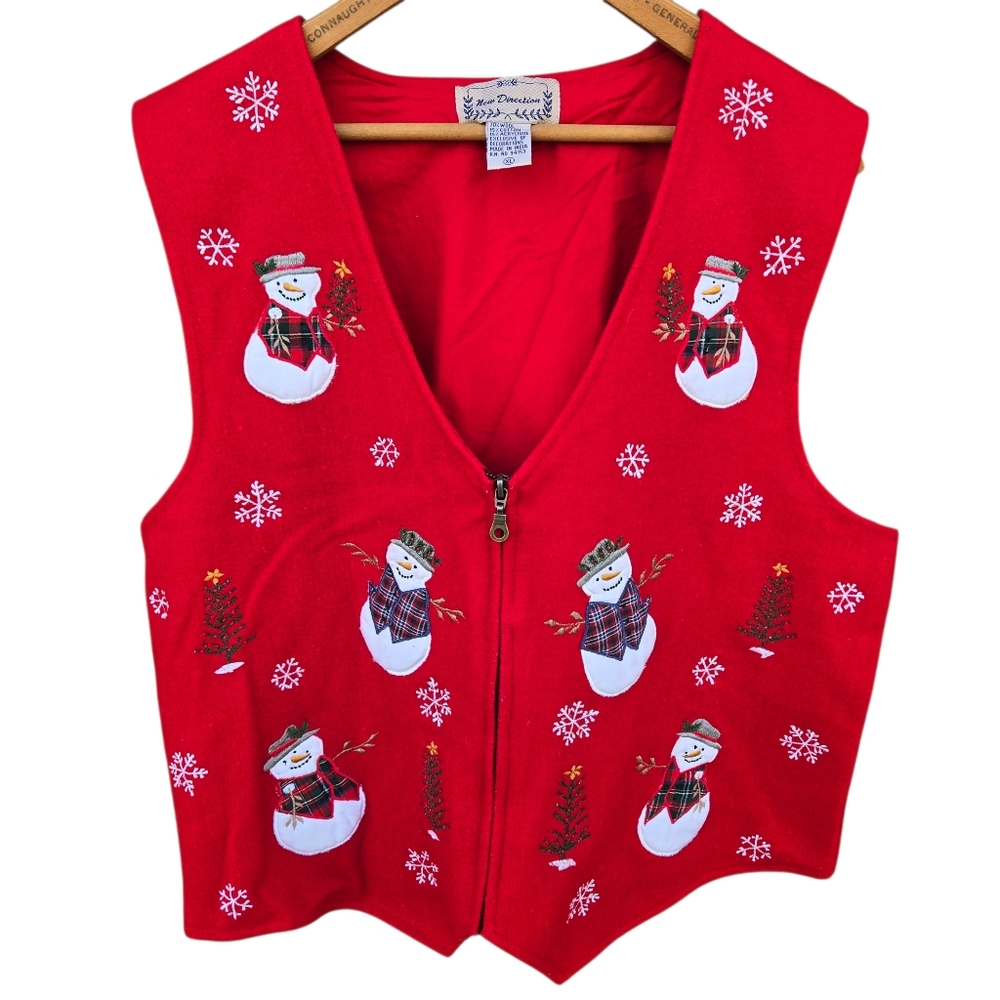 Vintage New Directions Sweater Vest Snowman Snowflakes Red Wool Christmas Xl